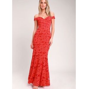 Red Lace Bardot Maxi Dress